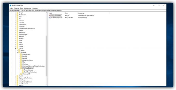Како да се онемогући "Дефендер Виндовс»: У левом окну прозора регистра, идите до директоријума ХКЕИ_ЛОЦАЛ_МАЦХИНЕ → Софтваре → Политике → Мицрософт → Виндовс Дефендер