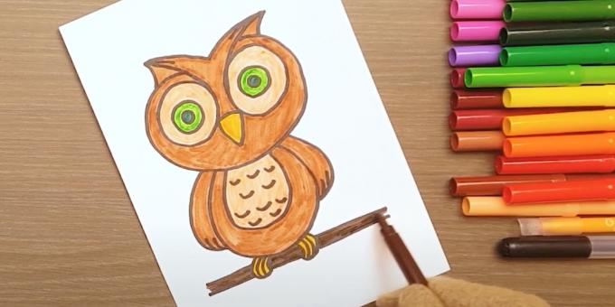 Како нацртати сову: обојити очи, ноге и грану