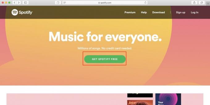 Како се користи Спотифи у Русији: отворен Спотифи сајт и кликните на Гет Спотифи слободан дугме