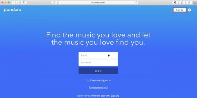 Како користити Пандора у Русији укључују ВПН, отворите сајт Пандора и кликните на Сигн Уп