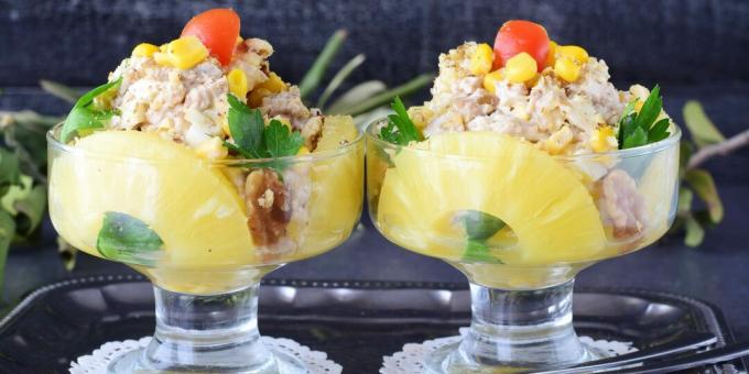 једноставан рецепт за салату са орасима, ананасом и пилетином