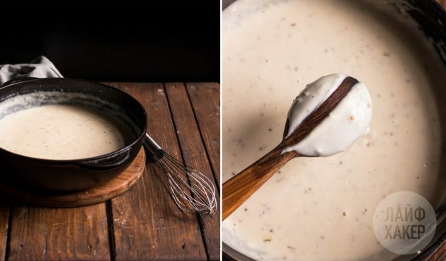 Како направити сос за рустикалну питу од бундеве, кромпира и целера: Оставити млеко да се згусне мешајући на умереној ватри око 5 минута