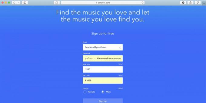 Како користити Пандора у Русији: унесите е-маил, креирате лозинку и испуните других података