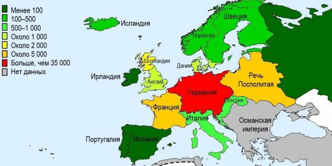 Број убијених вештица у европским земљама у 15. - 17. веку.